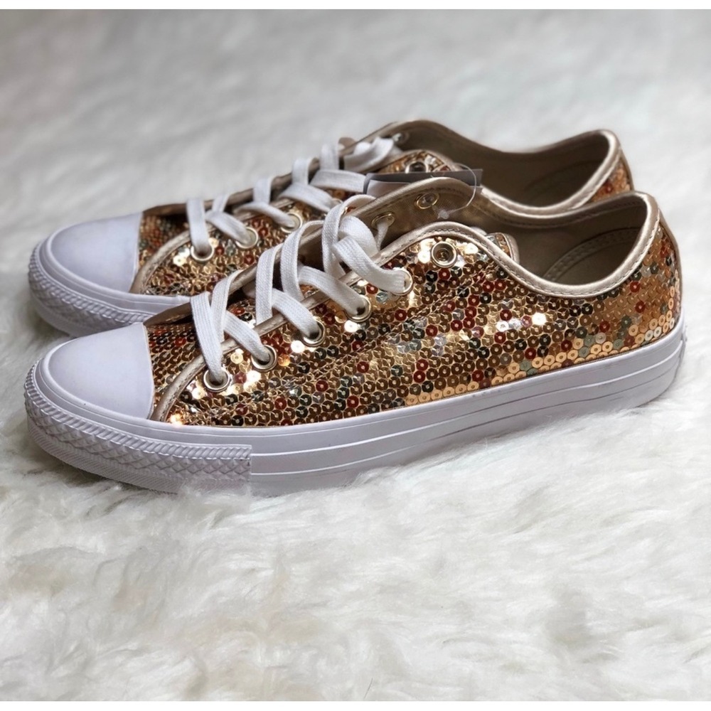 Converse Sneakers Gold Sequin and White Size 9 Low Top Lace Up Festive